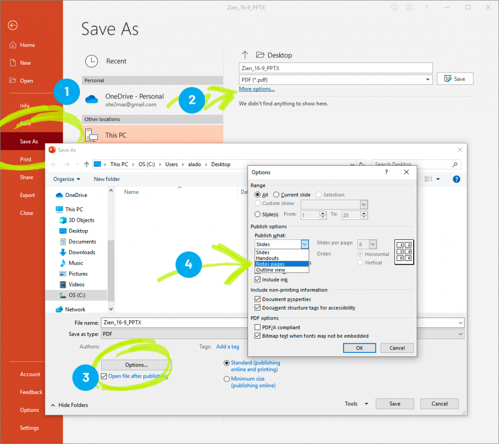 save powerpoint presentation as pdf with notes