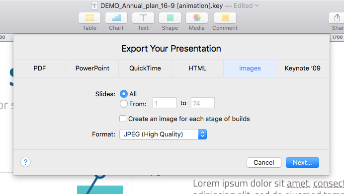 how to export keynote presentation